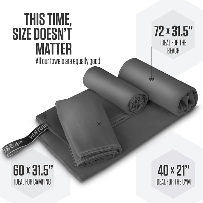 VENTURE 4TH Quick Dry Towel. Microfiber Travel Towel Ideal for Camping, Hiking, Backpacking, Gym. Lightweight & Fast Drying Travel Towels for Body. Compact & Easy to Pack - Charcoal Extra Large