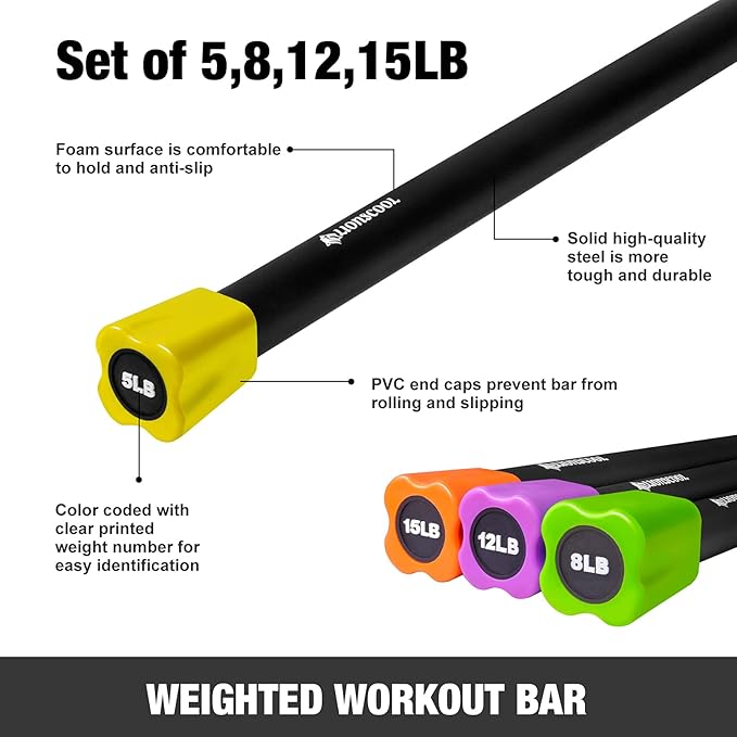 LIONSCOOL Workout Weighted Bar,Padded Exercise Weight Bar, Solid Steel Stretching weighted bar set for Body Sculpting, Physical Therapy,Body Toning