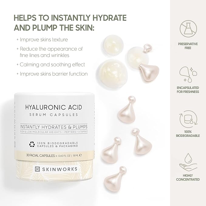 Hyaluronic Acid Serum for Face, Anti Aging Serum for Fine Lines & Wrinkles, Hydrating Glow, Face Moisturizer Plump & Repair Dry Skin, Unscented, 30 Capsules