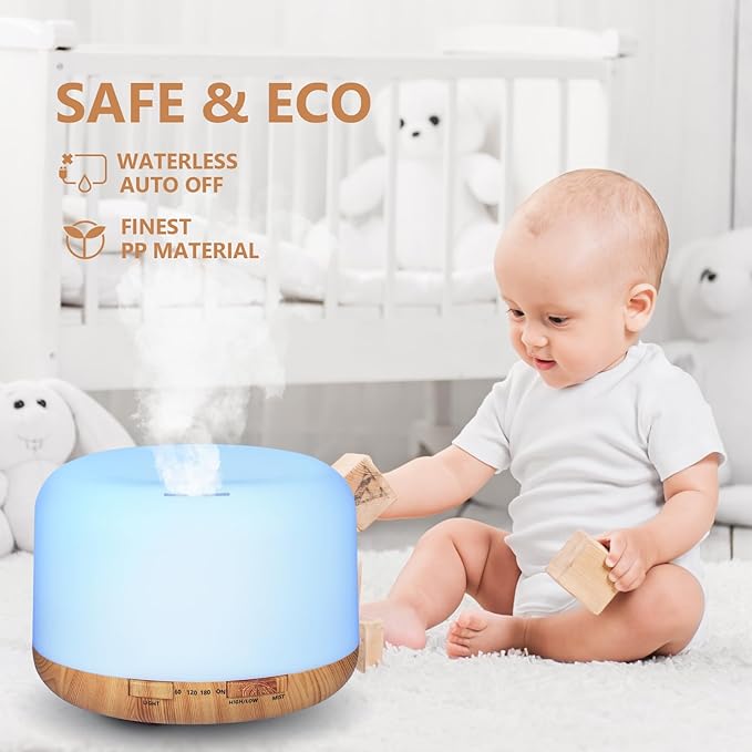 Oil Diffuser, 500ml Essential Oil Diffusers with 2 Mist Mode 4 Timers&7 Ambient Light Waterless Auto Off, Diffusers Large Room Home Office