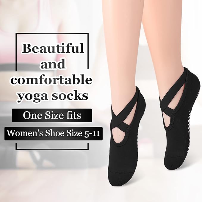 Geyoga 6 Pairs Pilates Socks for Women Barre Yoga Ballet Non-slip Athletic Socks with Grip Straps for Barefoot Workout