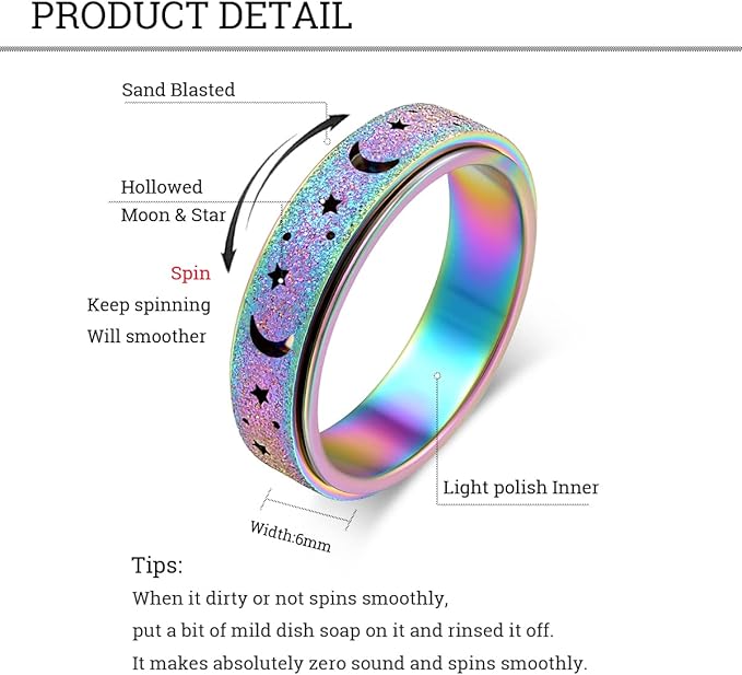 Anxiety Ring for Women Spinner Ring Fidget Ring Fidget Toys Adults Thumb Spinner Rings for Men Stainless Steel Moon Star Rainbow Size 9