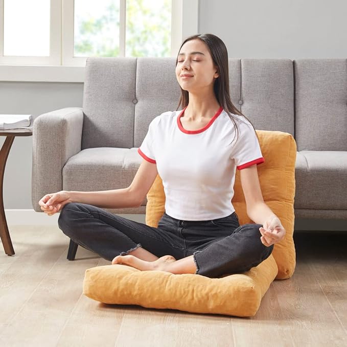 Degrees of Comfort Meditation Floor Pillow Set of 2, Square Large Pillows Seating for Adults, Tufted Corduroy Cushions for Balcony Outdoor Tatami Living Room, Orange Yellow, 22x22