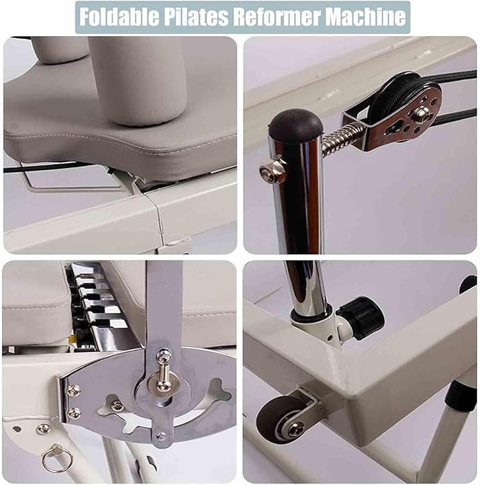 Foldable Reformer Pilates Machine, Yoga Workout Indoor Pilates Exercise Equipment, for Home Gym, Multifunction Portable Adjustable Reformer, Compact Training Weight,Off White