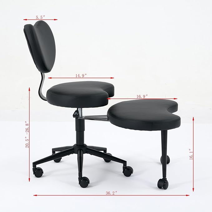 Cross-Legged Meditation Chair with Wheels, Adjustable Desk Chair for Home Office, Ergonomic Floor Seat for ADHD & Yoga, Criss Cross Chair with Lumbar Support, Memory Foam Cushion (Black-PU Leather)