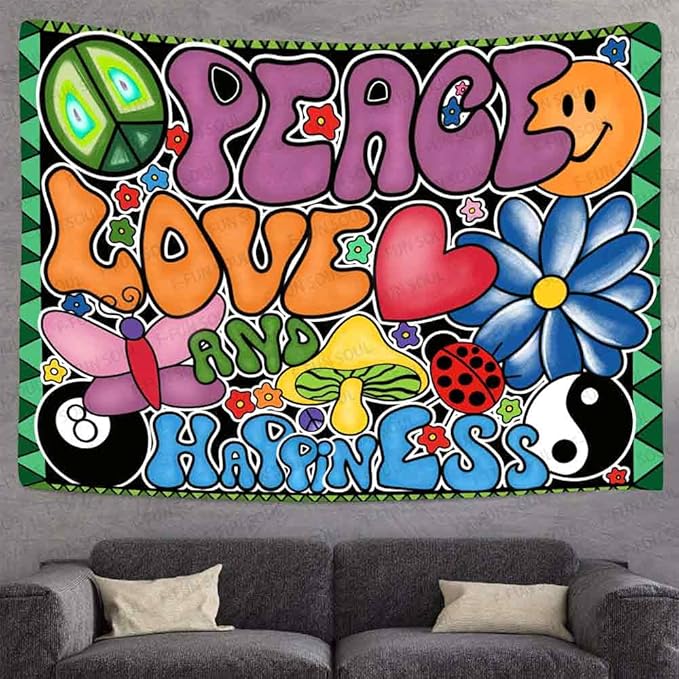 F-FUN SOUL Peace Love and Happiness Tapestry, 60x60inches Soft Flannel, Mushroom Psychedelic Tapestries 70s Theme Tapestry Wall Hanging for Bedroom Living Room Decor GTZYFS1337