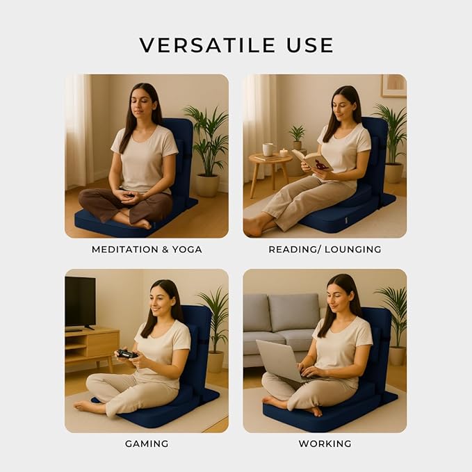 Friends Of Meditation Relaxing Buddha Meditation Chair | Detachable Rectangular Back Support & Zafu Cushion | Portable Folding Chair | with Back Support | Yoga Chairs for Adults | Navy Blue
