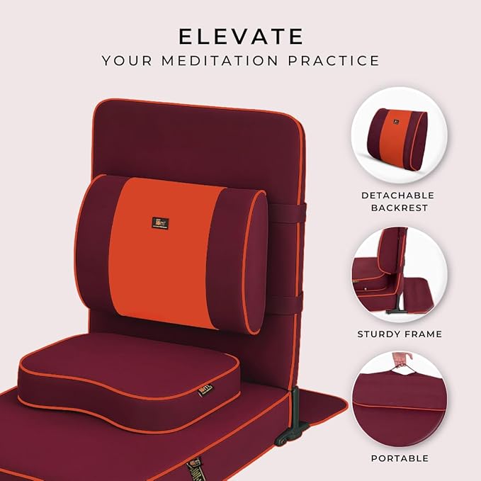 Friends Of Meditation Extra Large Meditation Chair | Floor Chair with Back Support | Yoga Chairs for Adults | Portable Folding Chair | Yoga Chair with Cushion & Meditation Block | Maroon | 24x22 in