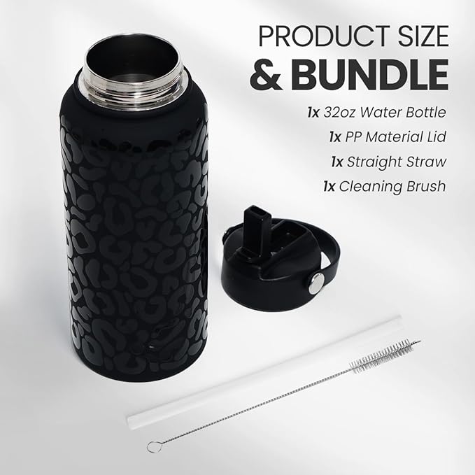 SANDJEST Leopard Water Bottle 32oz Stainless Steel Double Wall Vacuum Insulated with Lid, Leopard Print Water Bottles for Gym Sports Travel Outdoor, Gifts for Women Girls Ladies Birthday Christmas