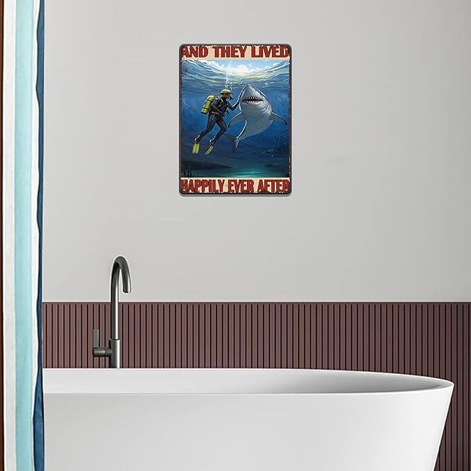 Diver And Shark Metal Tin Sign 12x16 Inch And They Lived Happily Ever After Poster Diver And Shark Tin Sign Home Kitchen Garden Bar Restaurant Cafe Office Shop Cave Man Are Wall Decor
