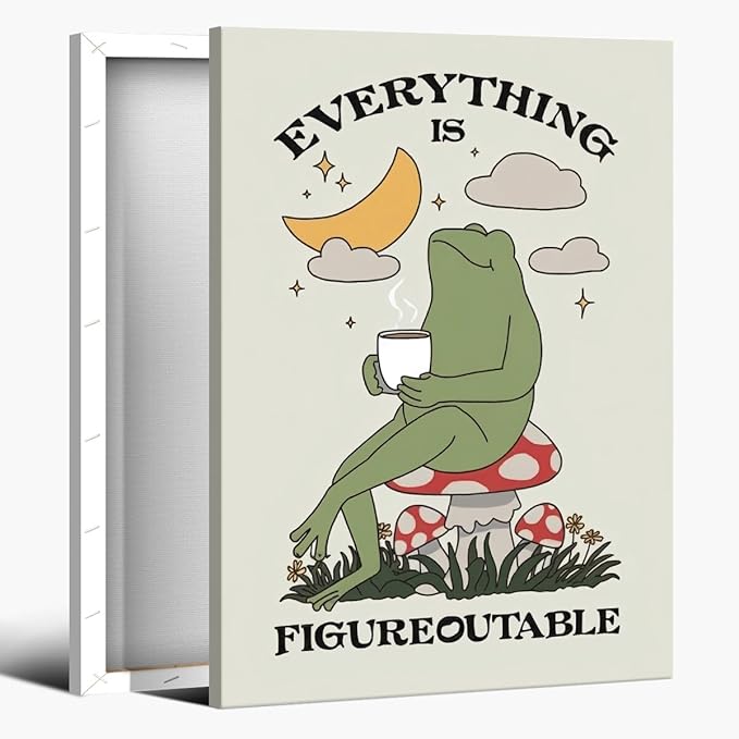 Everything is Figureoutable Motivational Canvas Wall Art Print Frog with Coffee Quote Inspirational Art Poster Mental Health Home Office Affirmation Wall Decor Minimalist Picture 24x36inch Framed