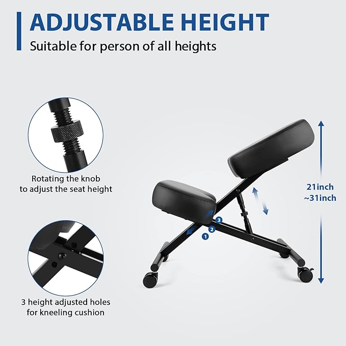 Kneeling Chair Ergonomic for Office, Adjustable Stool for Home and Office - Improve Your Posture with an Angled Seat - Thick Moulded Foam Cushions - Brake and Smooth Gliding Casters