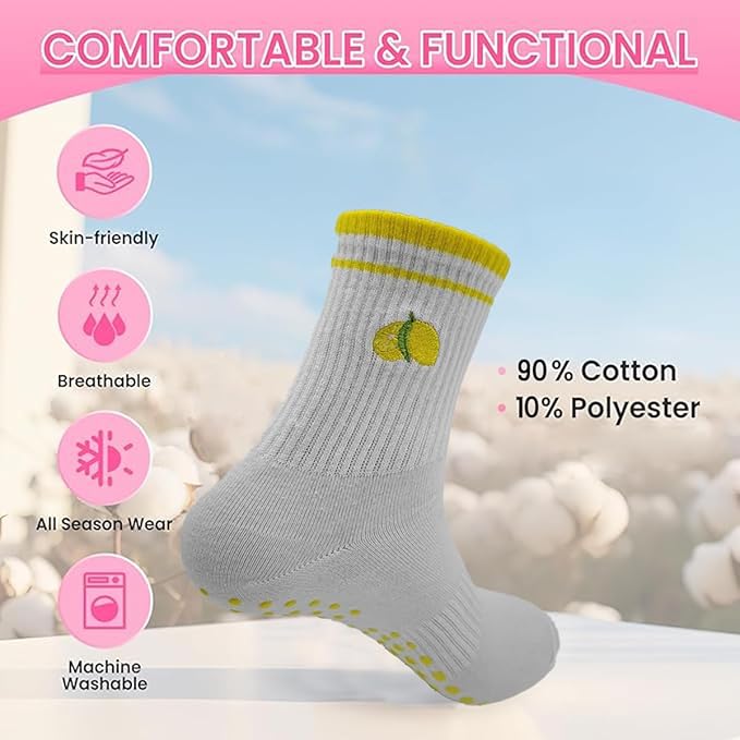 DADAB Cute Pilates Grip Socks for Women – Yoga Grippy Non Slip Barre Sticky Crew Socks for Workout, Hospital Use