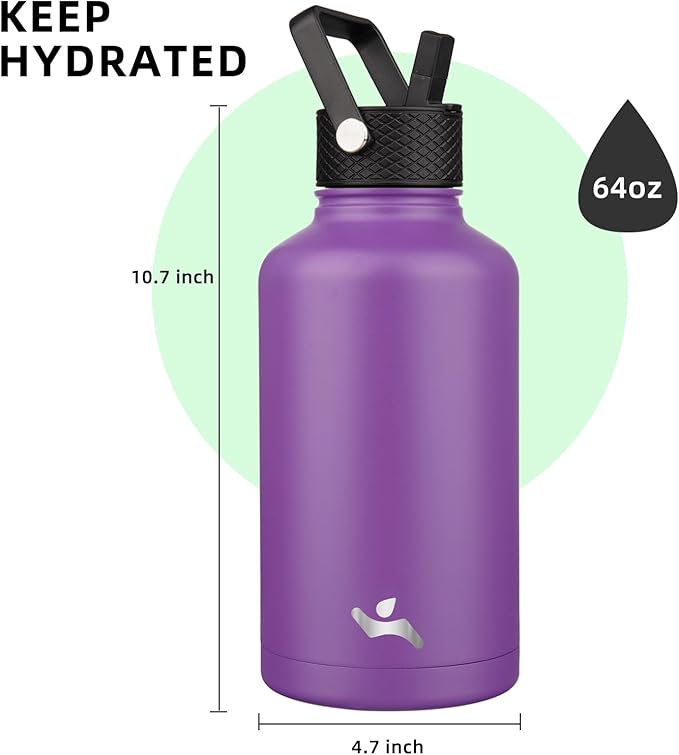 Half Gallon Insulated Water Bottle with Straw,64 oz 3 Lids Water Jug with Carrying Bag,Paracord Handle,Double Wall Vacuum Stainless Steel Metal Flask,Purple