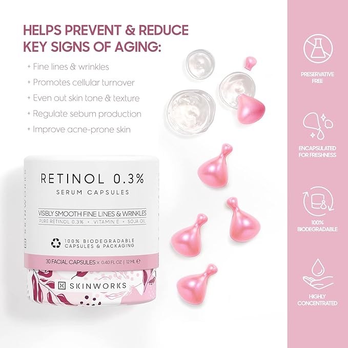 Retinol Anti Aging Wrinkle Correction Night Serum with Hyaluronic Acid Serum for Dark Spots, Post-Acne Scars, Instantly Plump & Hydrates Skin, Unscented, 30 Capsules