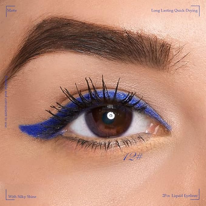 evpct 2Pcs Light Baby Bright Royal Sky Navy Cobalt Blue Liquid Eyeliner Set Waterproof Blue Liquid Eye Liners Pencils Waterproof Smudge proof Stamps Eyeliner delineador de ojos contra el agua 03&12