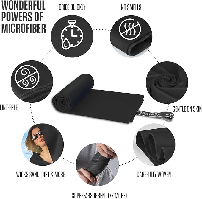 VENTURE 4TH Quick Dry Towel. Microfiber Travel Towel Ideal for Camping, Hiking, Backpacking, Gym. Lightweight & Fast Drying Travel Towels for Body. Compact & Easy to Pack - Black Large
