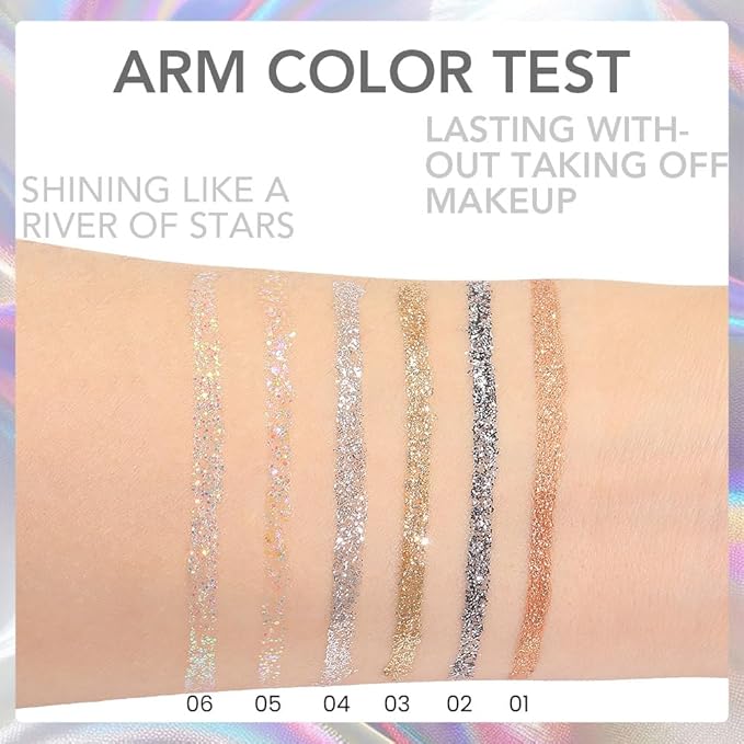 evpct 6Pcs Sparkle Glitter Liquid Eyeliner Eye Makeup Set, Metallic Liquid Eyeliner Waterproof Long-lasting, Liquid Glitter Eye liner in Multi Colors for Stunning Shimmery Eye Look, 01#