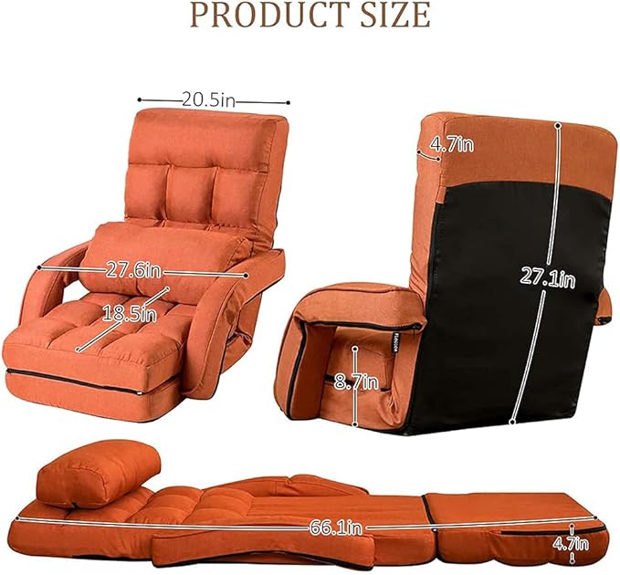Floor Chair, Chaise Lounge Indoor, 14-Position Adjustable Folding Lazy Sofa with a Pillow Padded Adults Gaming Chairs for Living Room, Bedroom Factory Price (Orange) 8803OR