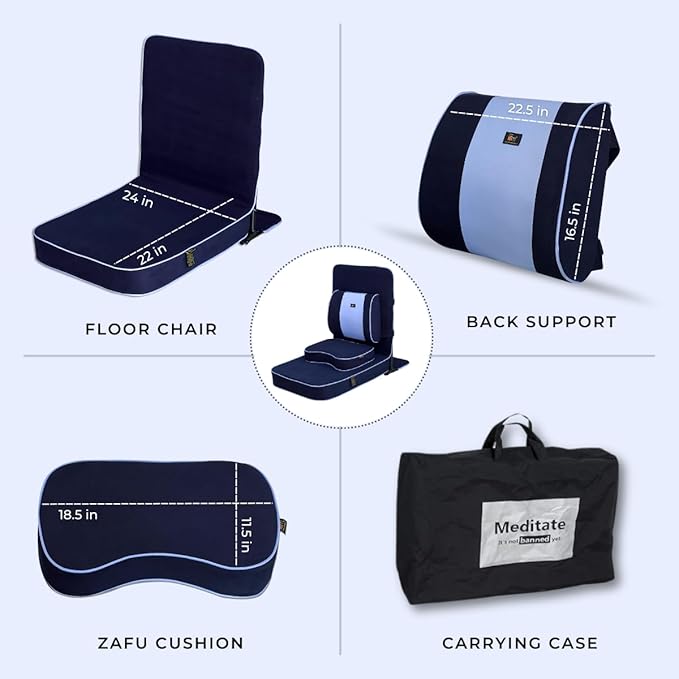 Friends Of Meditation Extra Large Meditation Chair | Floor Chair with Back Support | Yoga Chairs for Adults | Portable Folding Chair | Yoga Chair with Cushion & Meditation Block | Navy Blue | 24x22 in