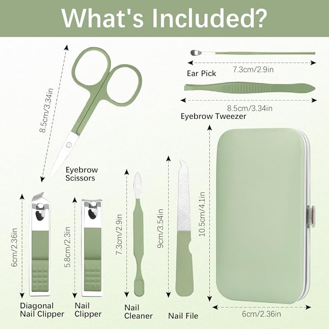 Manicure Set, Stainless Steel Nail Clipper Kit Nail Clipper Set 7 in 1 Manicure Kit Pedicure Kit Portable Nail Grooming Kit Fingernail Toenail Clippers for Men Husband Boyfriend Women Green