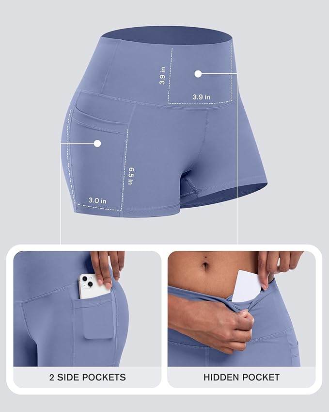 CHRLEISURE Womens Biker Yoga Shorts with Pockets: High Waisted Tummy Control Spandex Workout Athletic Gym Shorts 4 Packs