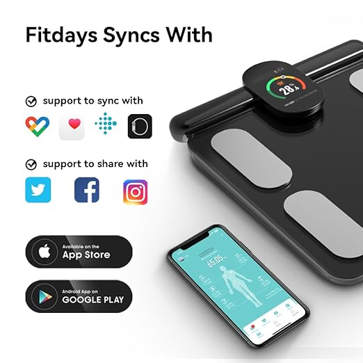 Fitdays Smart Body Fat Scale | Advanced 8-Electrode Technology for BMI/20+ Body Metrics | Full-Color LED & High Precision | Bathroom Weight Scale for Fitness/Weight Loss (FG2305ULB-Black)