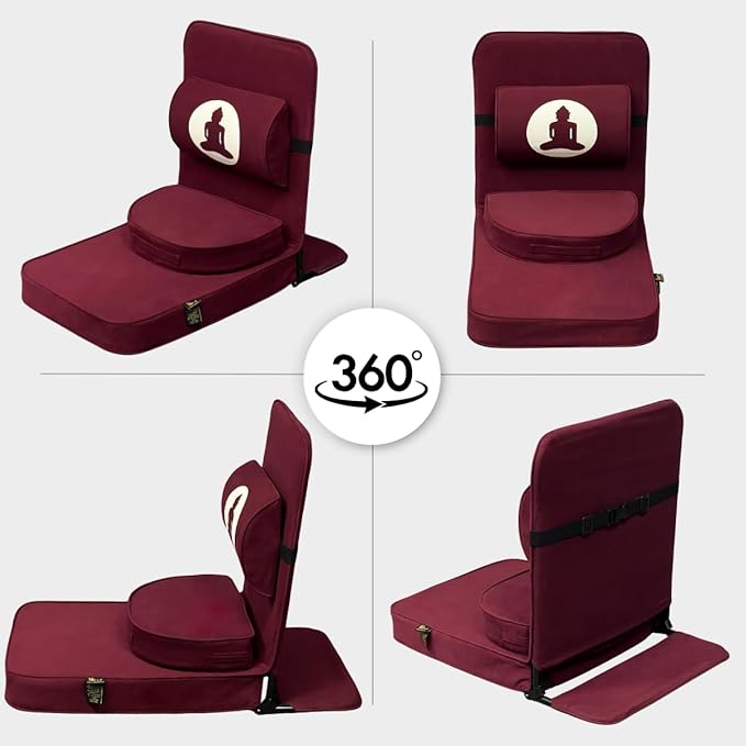Friends of Meditation Relaxing Buddha Meditation Chair | Detachable Rectangular Back Support & Zafu Cushion | Portable Folding Chair | Floor Chair with Back Support | Yoga Chairs for Adults | Maroon