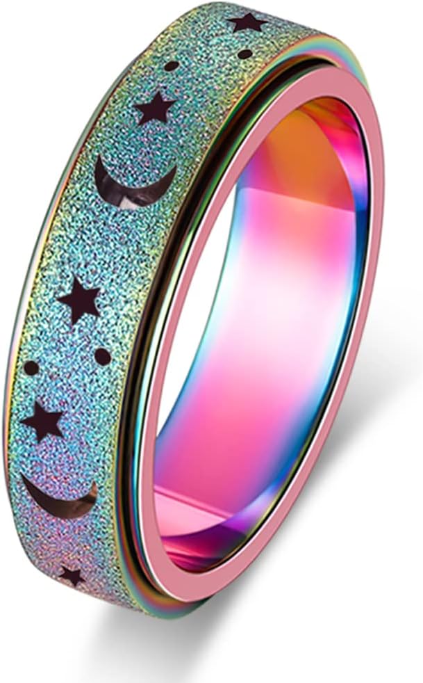 Anxiety Ring for Women Spinner Ring Fidget Ring Fidget Toys Adults Thumb Spinner Rings for Men Stainless Steel Moon Star Rainbow Size 9