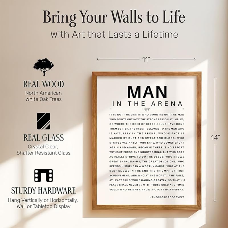 LARGE 11X14 FRAMED - Man in the Arena - Inspirational Quotes - Teddy Roosevelt Poster - Motivational Gifts for Men, Teen Boys Entrepreneur - Office, Living Room, Bedroom Wall Art Decor, Daring Greatly