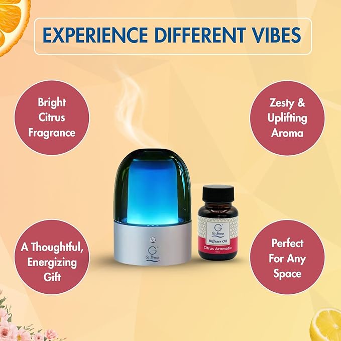 G's Breeze Smart Aroma Diffuser with 60ml Citrus Aromatic Scent Refill – Bluetooth & Wi-Fi App Control, LED Lighting, Adjustable Intensity, Long-Lasting Fresh Zesty Citrus Fragrance for Home or Office