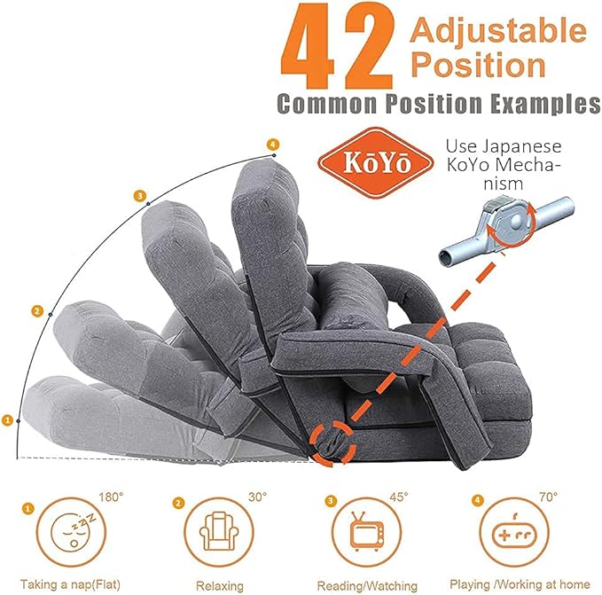FLOGUOR Indoor Floor Gaming Chairs for Adults with Back Support,Chaise Lounge, 42-Position Folding Lazy Sofa with Pillow for Living Room, Bedroom, Balcony(Grey) 8803GR