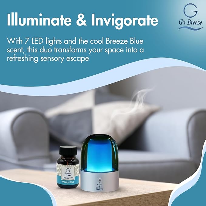 G's Breeze Smart Aroma Diffuser with 60ml Breeze Blue Scent Refill – Bluetooth & Wi-Fi App Control - LED Lighting, Adjustable Intensity - Long-Lasting Fresh Aquatic Fragrance for Home or Office