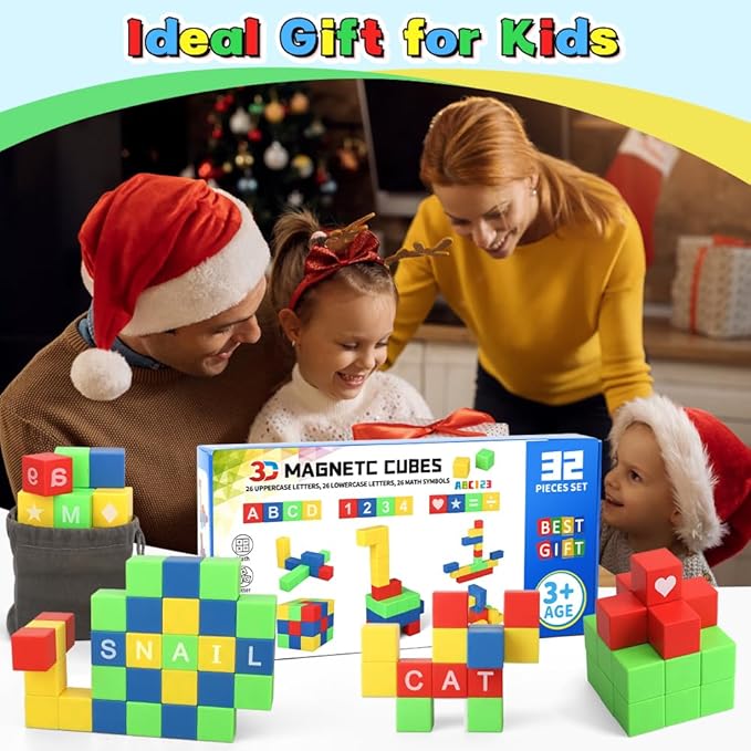 Dilabnba 32PCS Magnetic Building Blocks for Kids Ages 3-5 4-8, 3D Magnet Cube Montessori Toy, Sensory Preschool Creative STEM Montessori Toy