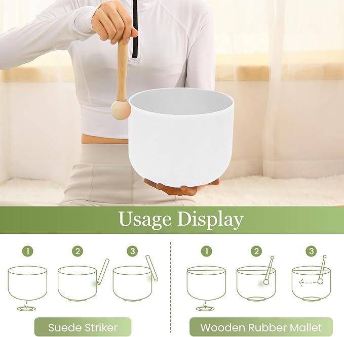 432HZ 8 Inchs Frosted Crystal Singing Bowl Set for Meditation Healing Yoga Chakra Quartz Crystal Sound Bowls with Heavy Duty Carry Case and Rubber Mallet,Suede Striker,O-rings