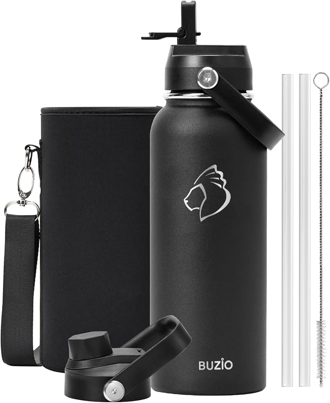 BUZIO 40oz Insulated Water Bottle, Stainless Steel Water Flask with Straw Lid and carrying pouch, Keep Cold 48h Leak Proof Double Wall Vacuum Travel Mug Metal Canteen for Gym Camp Beach, Black