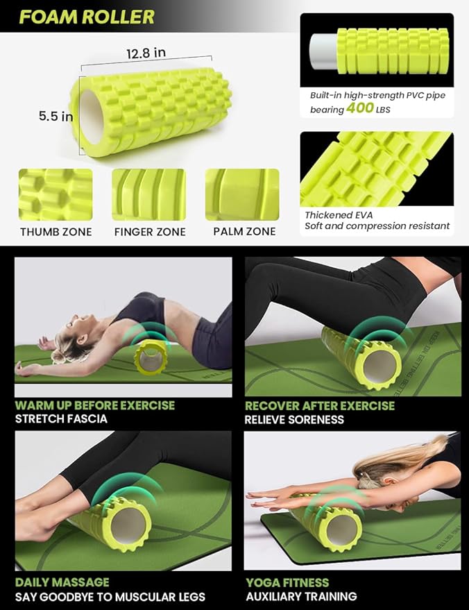 Yoga Starter Kit 12 in 1 - Set Include Mat, Foam Roller, 4 Resistance Bands, Blocks 2 Pack with Strap, 2 Peanut Massage Balls, Yoga kit and Sets for Beginners
