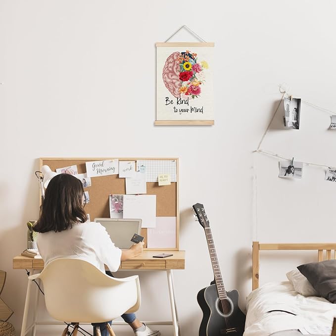 JINYO Mental Health Wall Decor, Be Kind to Your Mind Floral Brain Wall Art Poster, Mental Health Canvas Prints Wall Decor for Therapy Counselor Office Calming Corner, 12x16 Inches