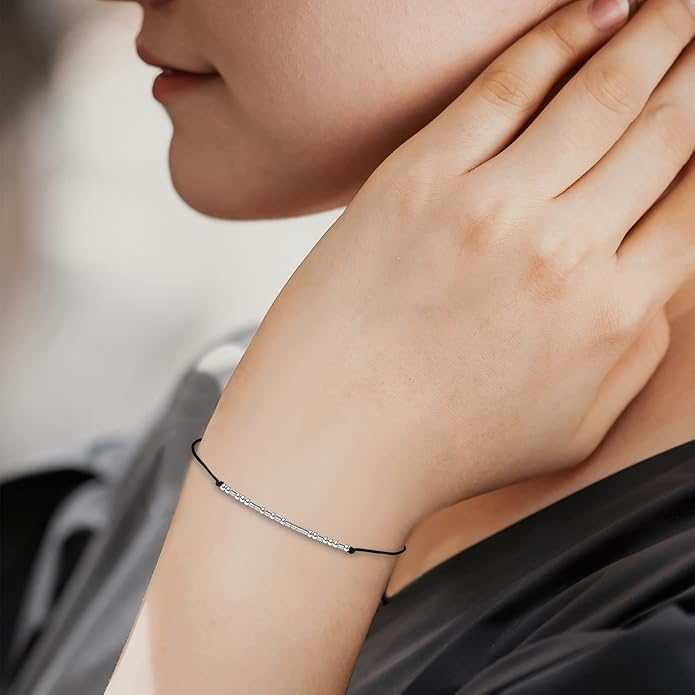 KGBNCIE Morse Code Bracelet for Women Sterling Silver Beads on Silk Cord Secret Message Fuck Friendship Inspirational Encouragement Bracelet Gift for Her