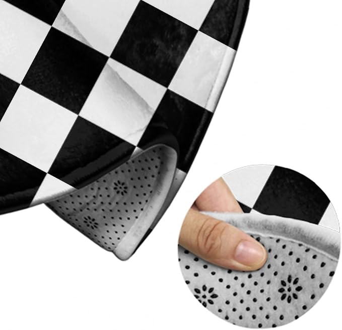 Soft Round Yoga Carpet, Large Home Decor Mat, Non-Slip Machine Washable Kitchen Office Circle Rug Compatible with Race Checkerboard Checkered Black and White