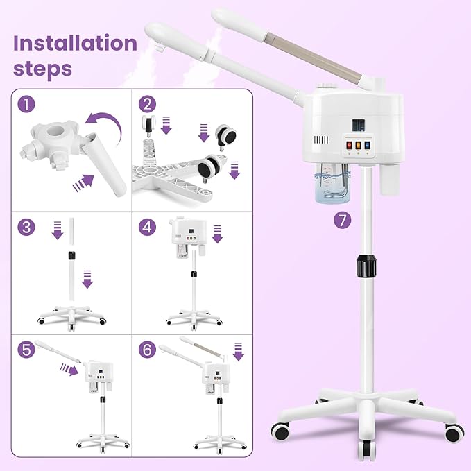 Professional Facial Steamer, 2 in 1 Facial Steamer for Cold Mist & Hot Mist & Timer Function, Stand Face Steamer Adjustable Height for Spa, Salon and at Home use