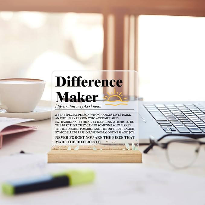 Difference Maker Gift Men, Thank You Gifts for Leader Boss Mentor Manager Coworkers Employees Teacher, Difference Maker Definition Acrylic Desk Plaque Sign Office Decor 4 x 4 Inches
