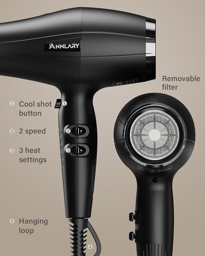 Ionic Hair Dryer with Diffuser, Blow Dryer, Professional 1875W Powerful AC Motor Hairdryer with 8.2Ft Cord for Women & Men, Fast-Drying Blow Dryer with Nozzle for Home, Salon