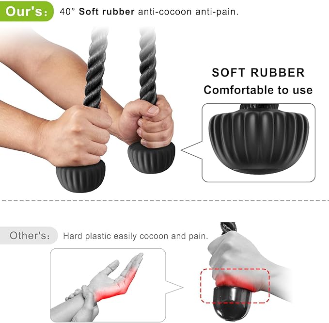 SELEWARE Triceps Rope with Non-Slip Soft Rubber Ends Home Gym Cable Attachment Workout Accessories 28 & 36 inches Long LAT Pulldown Attachment Black and Orange