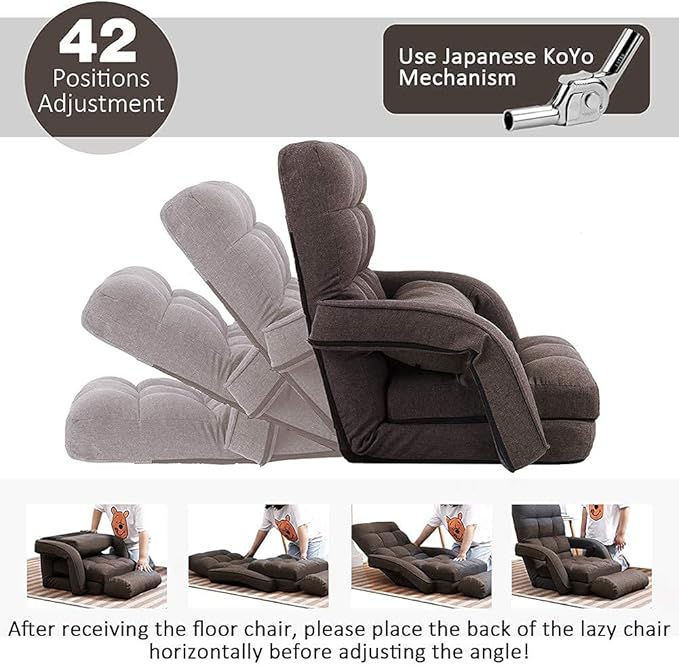 FLOGUOR 14-Position Adjustable Floor Chair, Chaise Lounge Indoor, Folding Lazy Sofa with Armrests and a Pillow Padded Adults Gaming Chairs for Living Room, Bedroom Factory Price (Brown) 8803CO