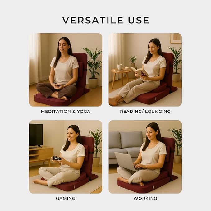 Friends of Meditation Relaxing Buddha Meditation Chair | Detachable Rectangular Back Support & Zafu Cushion | Portable Folding Chair | Floor Chair with Back Support | Yoga Chairs for Adults | Maroon