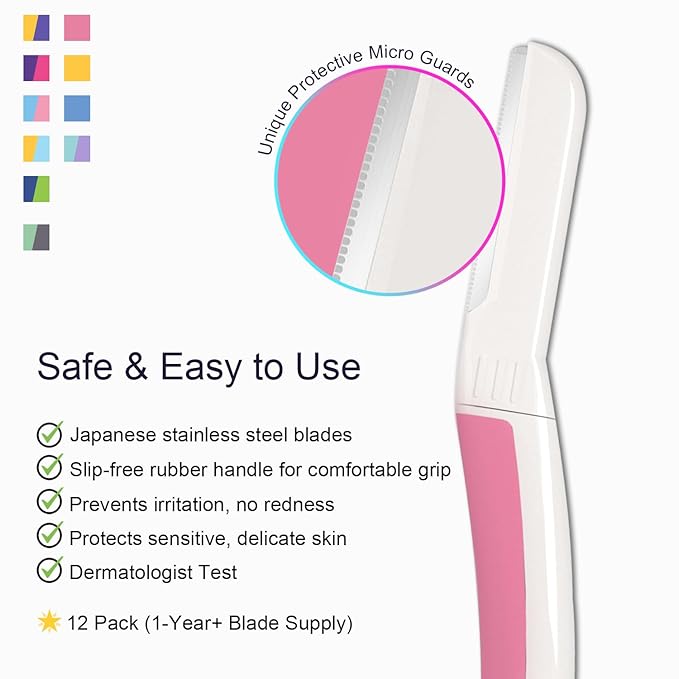 Face Razors for Women, Dermaplane Razor for Women Face, Eyebrow Razor, Dermaplaning Tool, Skin Safe Microblades, Peach Fuzz Remover (12ct, Pearl Blush)