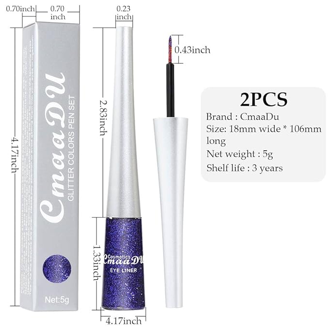evpct 2Pcs Dark Light Royal Blue Color Liquid Glitter Eyeliner Liners Sets for Women Liquid Sparkly Glitter Eyeliner delineador con glitter de colores para ojos colores 03+12
