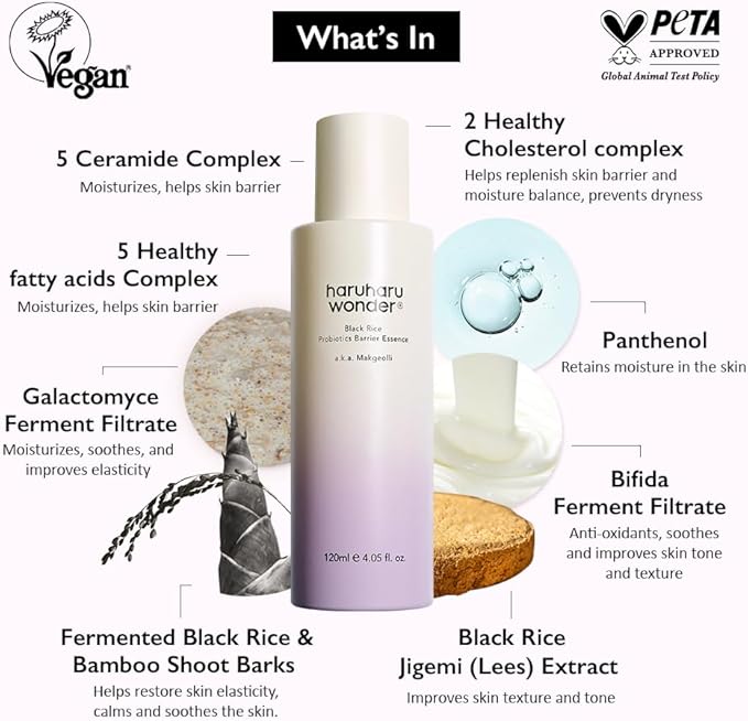 haruharu Wonder Black Rice probiotics Barrier Essence & Black Rice Hyaluronic Toner for Sensitive Skin Set, Skin Layering for Korean Glass Skin