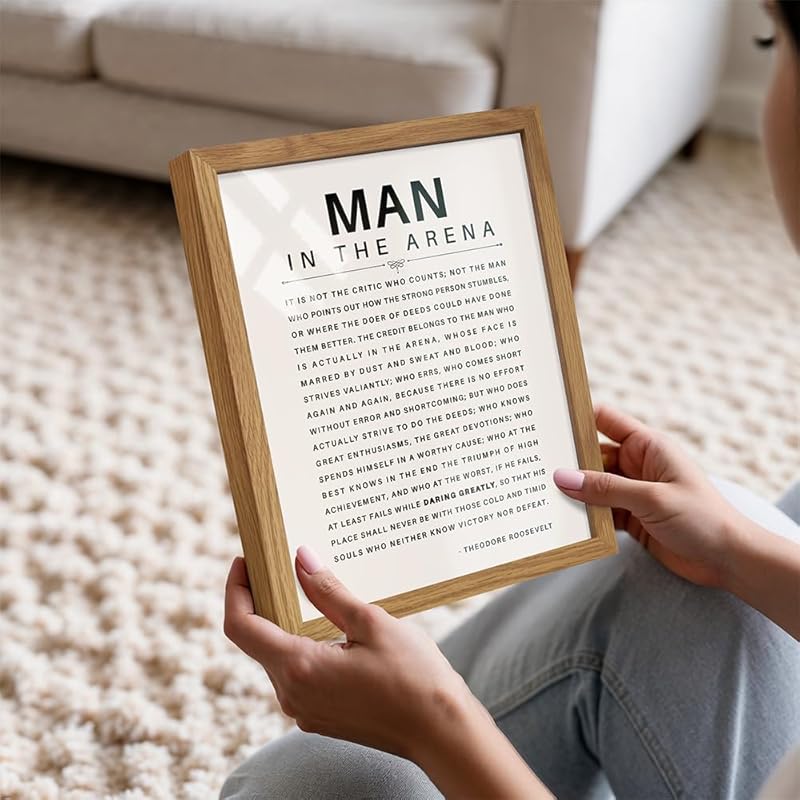 Man in the Arena Quote Poster FRAMED - 8x10 Motivational Inspirational Teddy Roosevelt Daring Greatly Wall Art Decor - Unique Gift for Men, Boys, Teens, Entrepreneur - For Office, Living Room, Bedroom